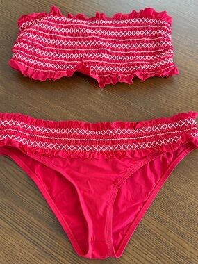 Tory Burch Hot Pink Smocked Ruffle Bandeau Bikini